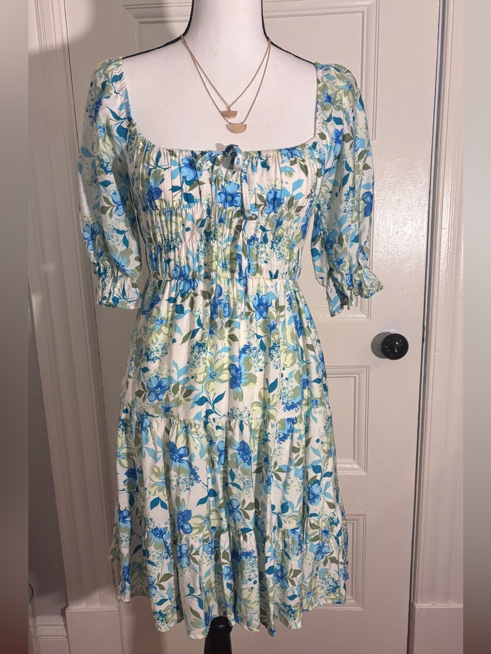 Smocked Square-Neck Mini Dress in Blue Floral
